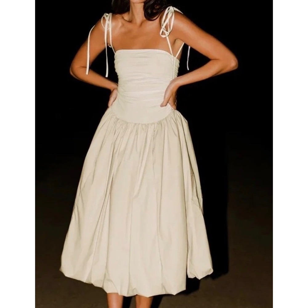 AmyLynn Large Alexa Dress Milk Beige Ruched Bubble Hem Midi Tie Strap New